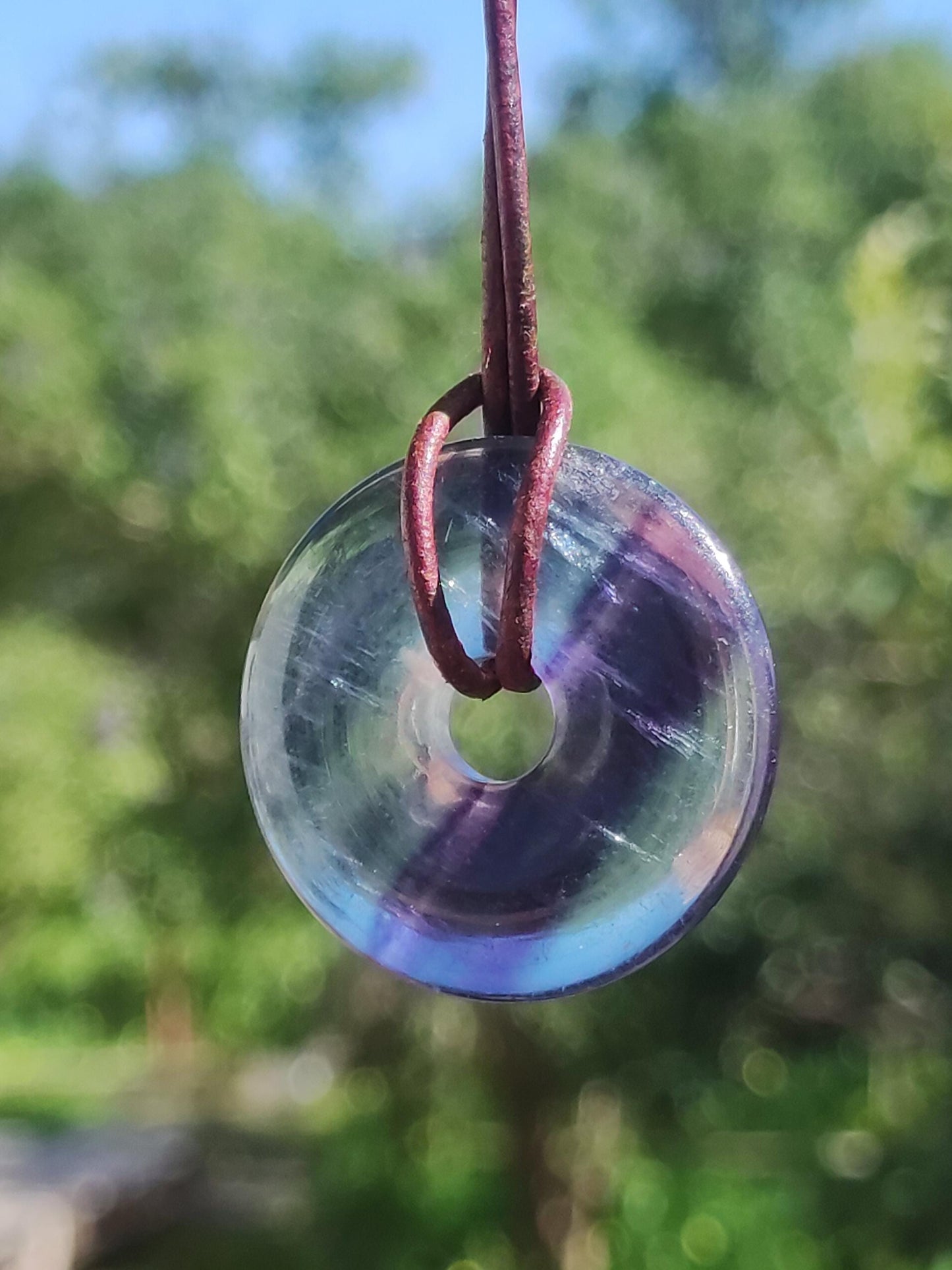 Rainbow Fluorite 30mm Donut - Gemstone Necklace for Women, Men, and Children - Hippie, Goa, Boho, Ethnic, Nature, Protection Symbol Pendant, Healing Stone, Energy Gift