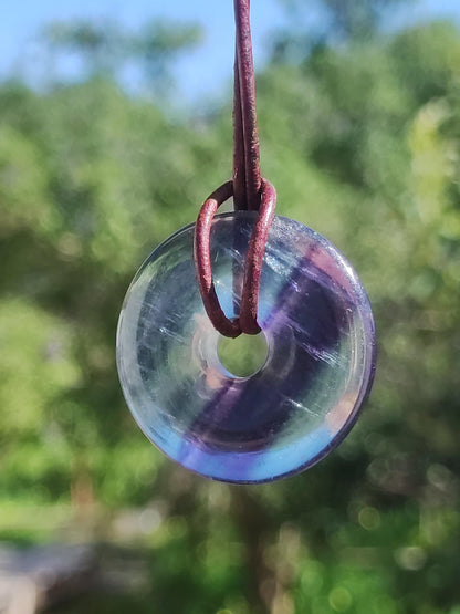 Rainbow Fluorite 30mm Donut - Gemstone Necklace for Women, Men, and Children - Hippie, Goa, Boho, Ethnic, Nature, Protection Symbol Pendant, Healing Stone, Energy Gift