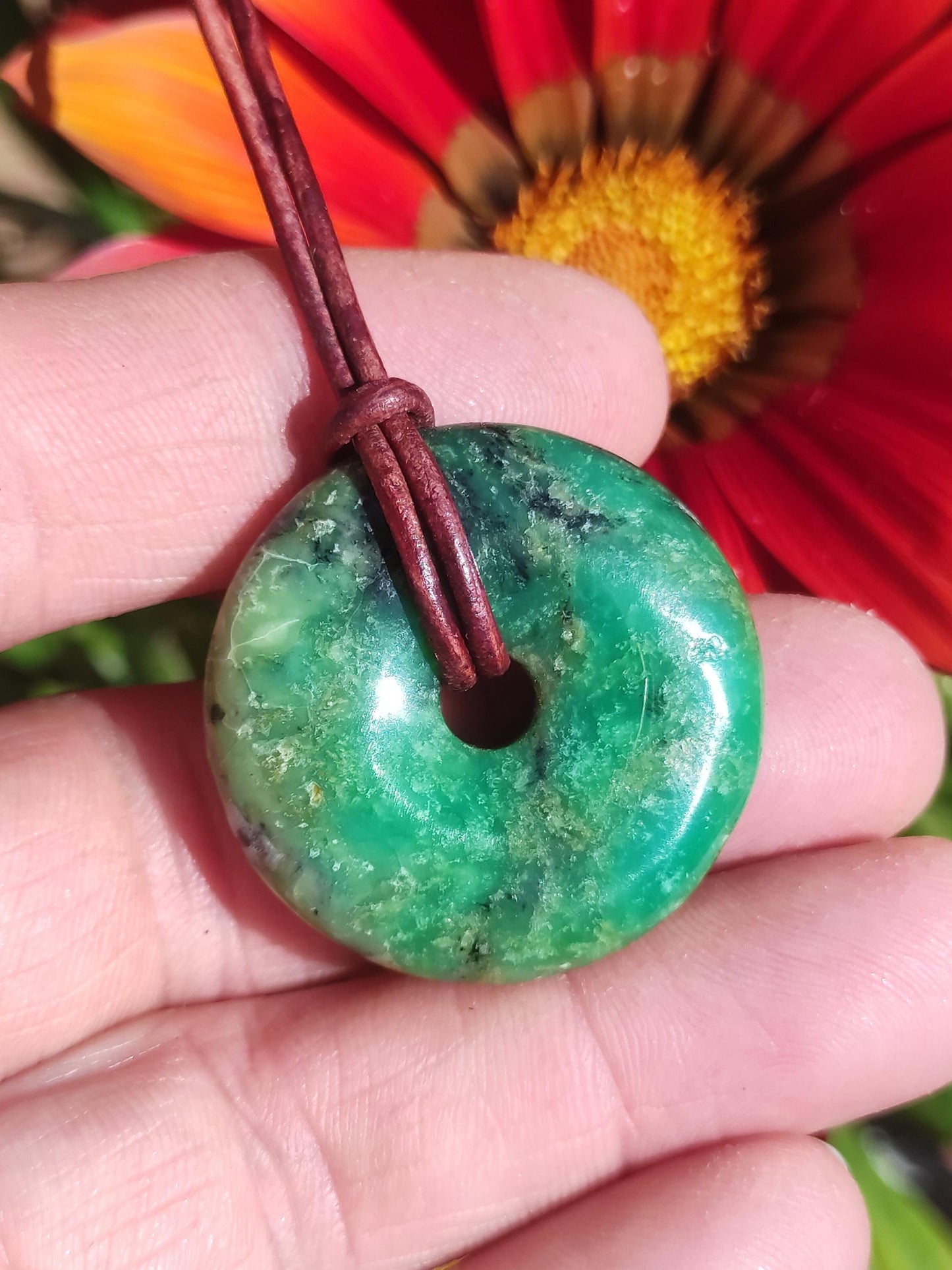 Variscite 30mm Collier de pierres précieuses Donut Pi Disque Rond Pierre de Guérison Vert Rareté Naturelle Cadeau Homme Femme Lui Son Ami Frère Pendentif Chanceux