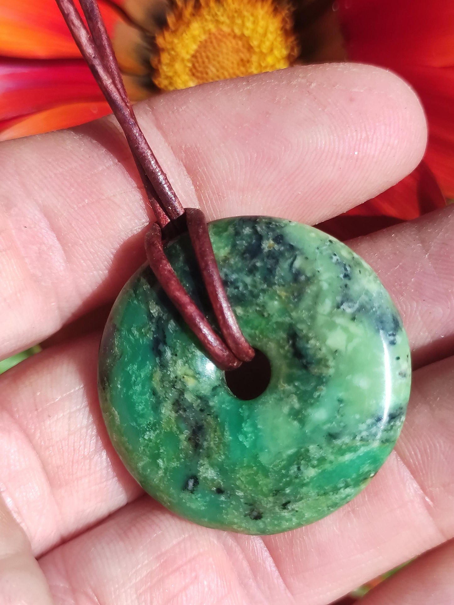 Variscite 30mm Collier de pierres précieuses Donut Pi Disque Rond Pierre de Guérison Vert Rareté Naturelle Cadeau Homme Femme Lui Son Ami Frère Pendentif Chanceux
