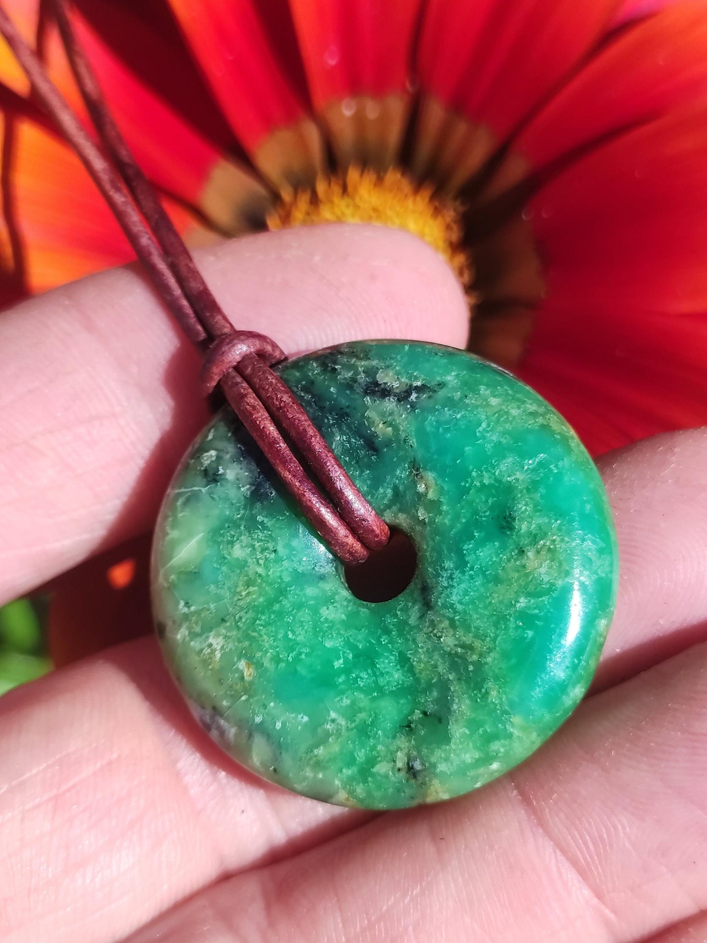 Variscite 30mm Collier de pierres précieuses Donut Pi Disque Rond Pierre de Guérison Vert Rareté Naturelle Cadeau Homme Femme Lui Son Ami Frère Pendentif Chanceux