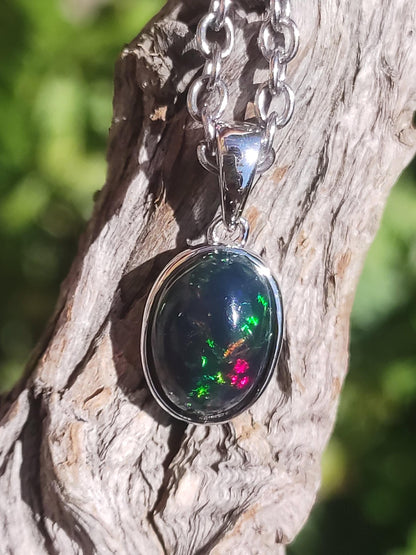 AAA Opale noir éthiopien argent 925 - Collier pierre précieuse coloré rareté pierre naturelle de soin cristaux pendentif homme femme cadeau elle lui pierre précieuse
