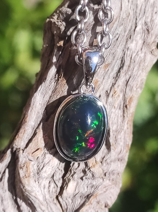 AAA Opale noir éthiopien argent 925 - Collier pierre précieuse coloré rareté pierre naturelle de soin cristaux pendentif homme femme cadeau elle lui pierre précieuse