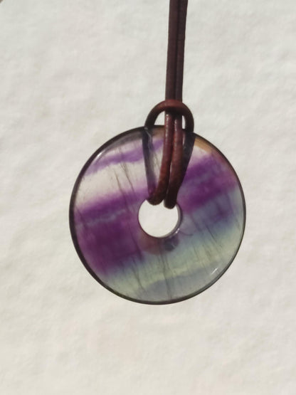 Rainbow Fluorite 30mm Donut - Gemstone Necklace for Women, Men, and Children - Hippie, Goa, Boho, Ethnic, Nature, Protection Symbol Pendant, Healing Stone, Energy Gift