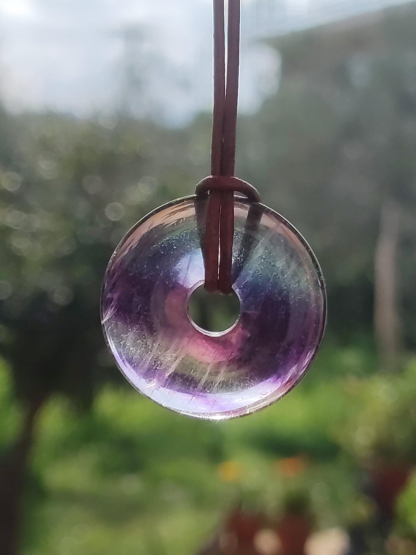Rainbow Fluorite 30mm Donut - Gemstone Necklace for Women, Men, and Children - Hippie, Goa, Boho, Ethnic, Nature, Protection Symbol Pendant, Healing Stone, Energy Gift