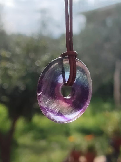 Rainbow Fluorite 30mm Donut - Gemstone Necklace for Women, Men, and Children - Hippie, Goa, Boho, Ethnic, Nature, Protection Symbol Pendant, Healing Stone, Energy Gift