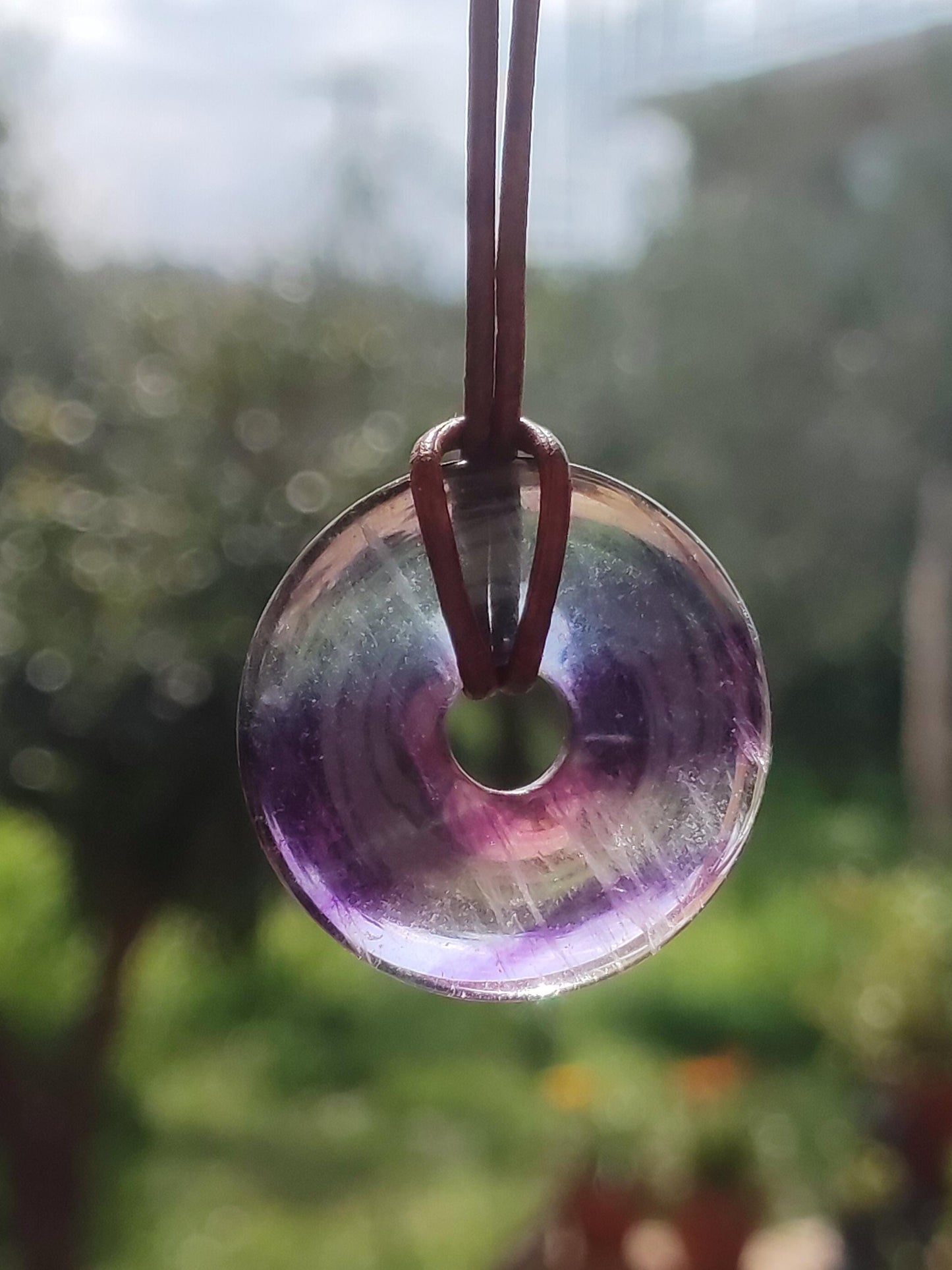 Rainbow Fluorite 30mm Donut - Gemstone Necklace for Women, Men, and Children - Hippie, Goa, Boho, Ethnic, Nature, Protection Symbol Pendant, Healing Stone, Energy Gift