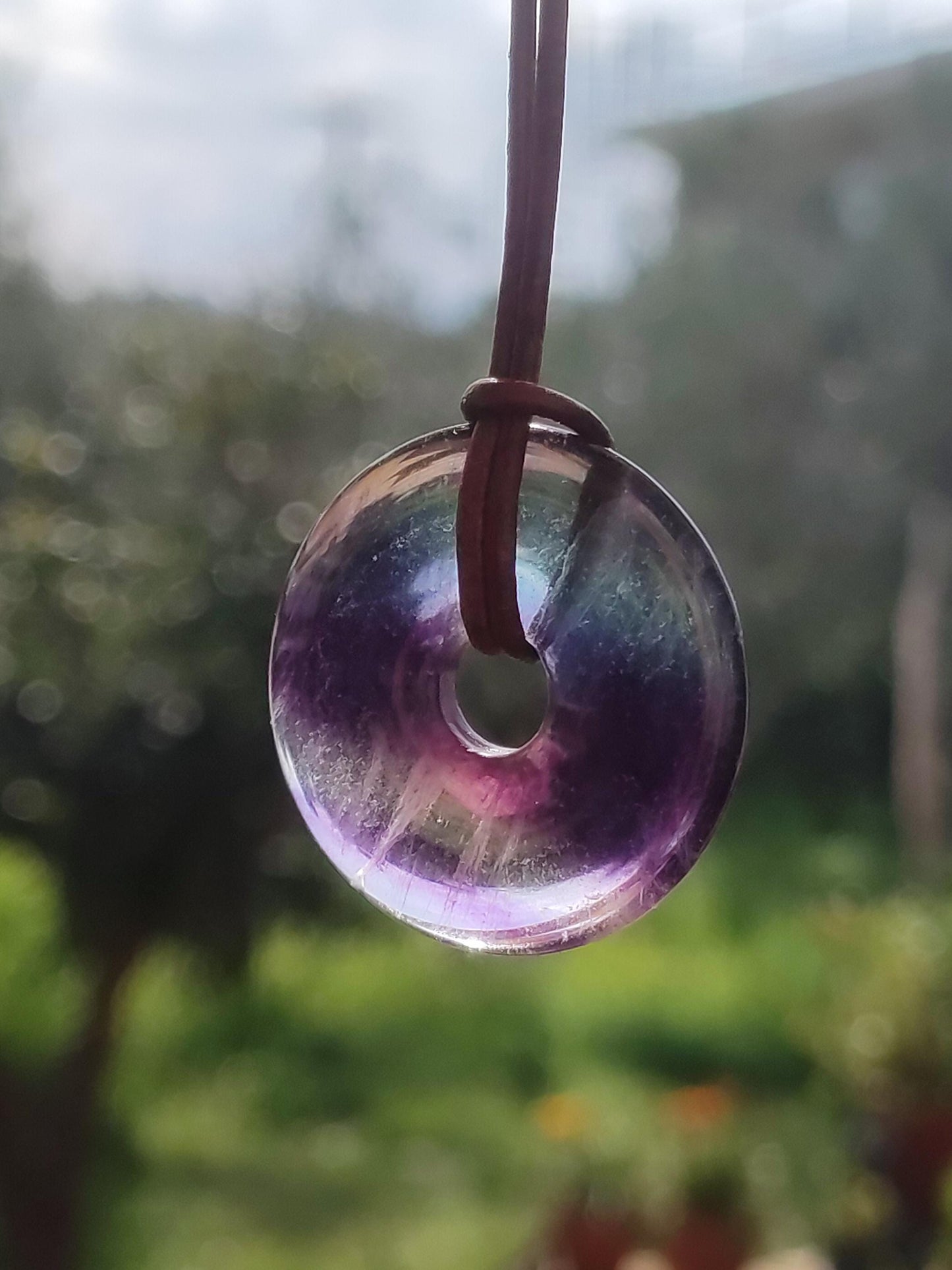Rainbow Fluorite 30mm Donut - Gemstone Necklace for Women, Men, and Children - Hippie, Goa, Boho, Ethnic, Nature, Protection Symbol Pendant, Healing Stone, Energy Gift