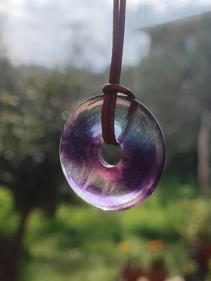 Rainbow Fluorite 30mm Donut - Gemstone Necklace for Women, Men, and Children - Hippie, Goa, Boho, Ethnic, Nature, Protection Symbol Pendant, Healing Stone, Energy Gift