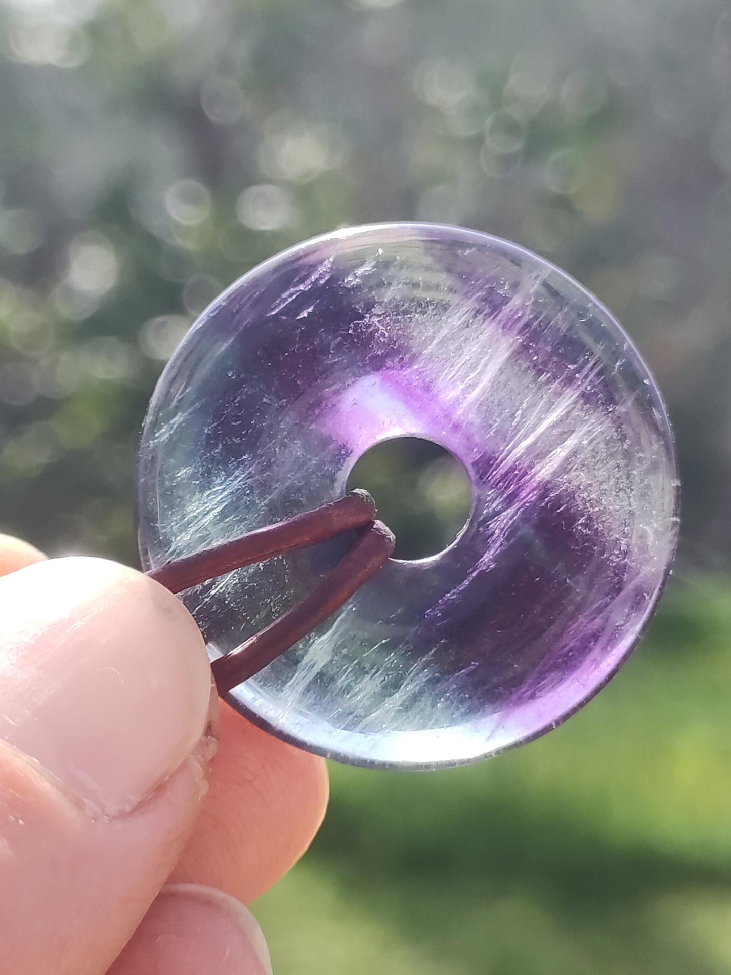 Rainbow Fluorite 30mm Donut - Gemstone Necklace for Women, Men, and Children - Hippie, Goa, Boho, Ethnic, Nature, Protection Symbol Pendant, Healing Stone, Energy Gift