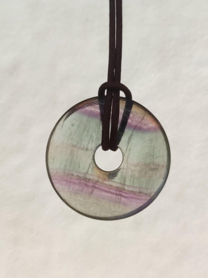 Rainbow Fluorite 30mm Donut - Gemstone Necklace for Women, Men, and Children - Hippie, Goa, Boho, Ethnic, Nature, Protection Symbol Pendant, Healing Stone, Energy Gift