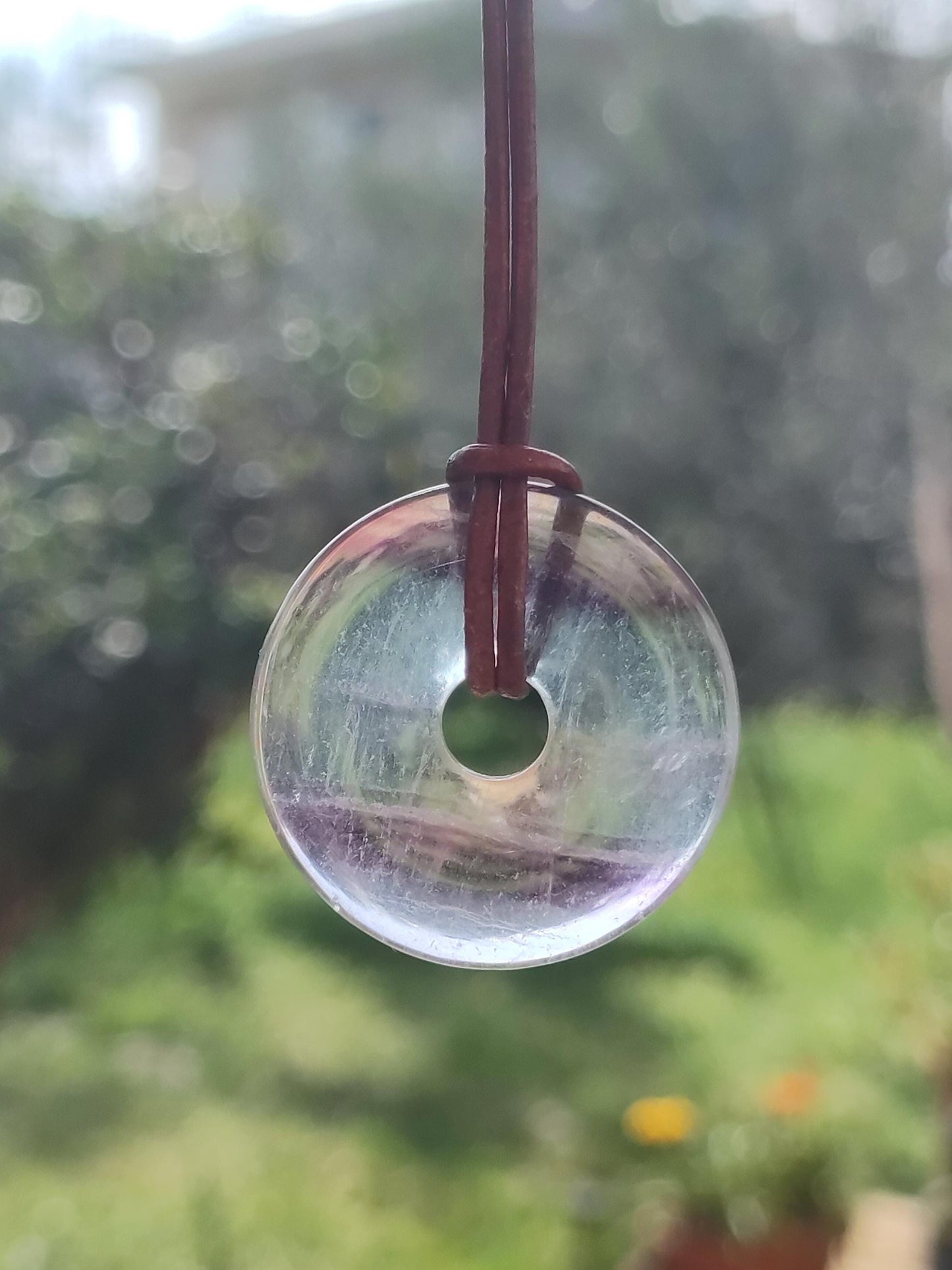 Rainbow Fluorite 30mm Donut - Gemstone Necklace for Women, Men, and Children - Hippie, Goa, Boho, Ethnic, Nature, Protection Symbol Pendant, Healing Stone, Energy Gift