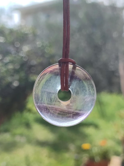 Rainbow Fluorite 30mm Donut - Gemstone Necklace for Women, Men, and Children - Hippie, Goa, Boho, Ethnic, Nature, Protection Symbol Pendant, Healing Stone, Energy Gift