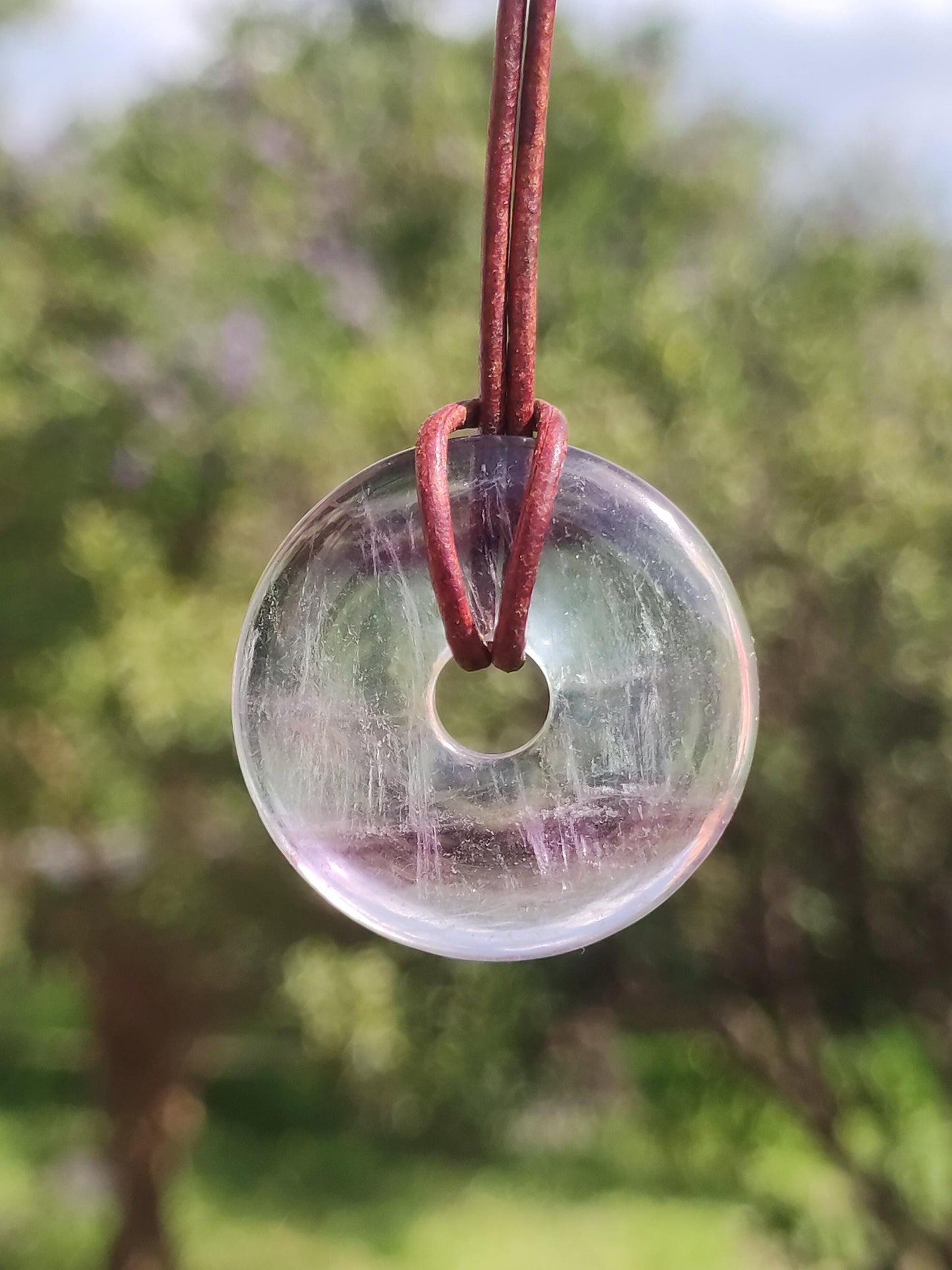 Rainbow Fluorite 30mm Donut - Gemstone Necklace for Women, Men, and Children - Hippie, Goa, Boho, Ethnic, Nature, Protection Symbol Pendant, Healing Stone, Energy Gift
