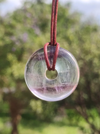 Rainbow Fluorite 30mm Donut - Gemstone Necklace for Women, Men, and Children - Hippie, Goa, Boho, Ethnic, Nature, Protection Symbol Pendant, Healing Stone, Energy Gift