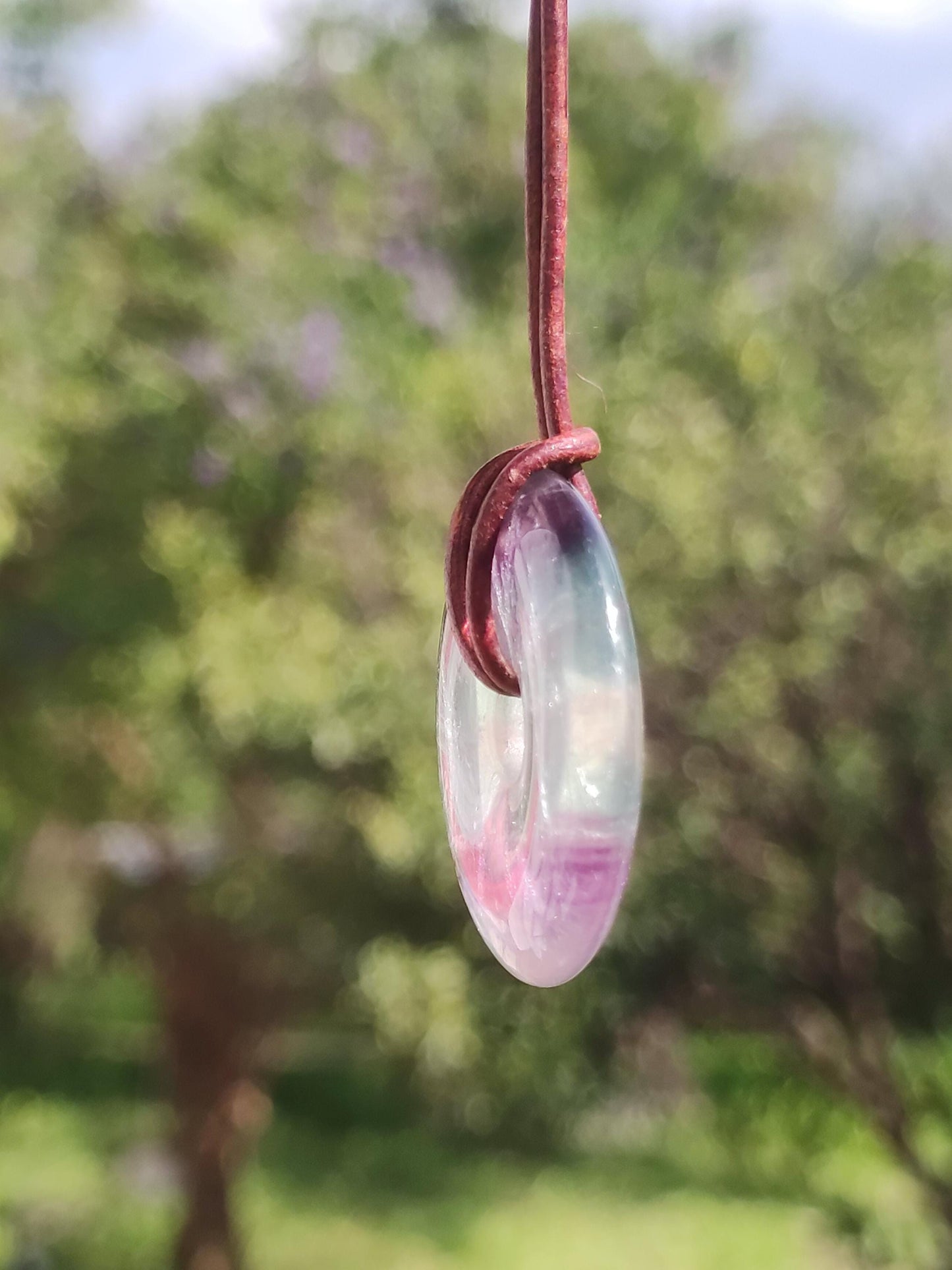 Rainbow Fluorite 30mm Donut - Gemstone Necklace for Women, Men, and Children - Hippie, Goa, Boho, Ethnic, Nature, Protection Symbol Pendant, Healing Stone, Energy Gift