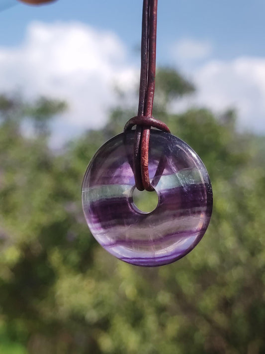 Rainbow Fluorite 30mm Donut - Gemstone Necklace for Women, Men, and Children - Hippie, Goa, Boho, Ethnic, Nature, Protection Symbol Pendant, Healing Stone, Energy Gift