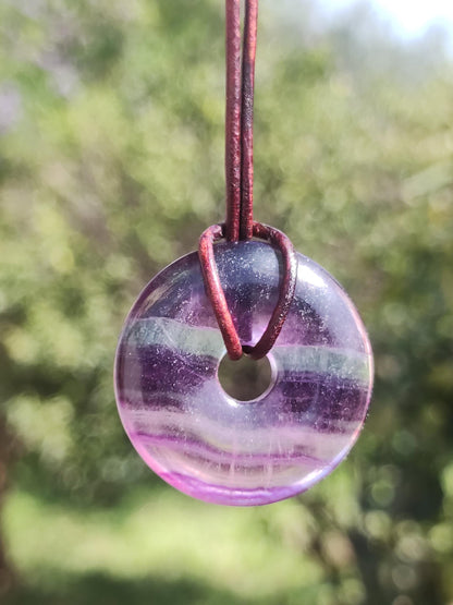 Rainbow Fluorite 30mm Donut - Gemstone Necklace for Women, Men, and Children - Hippie, Goa, Boho, Ethnic, Nature, Protection Symbol Pendant, Healing Stone, Energy Gift