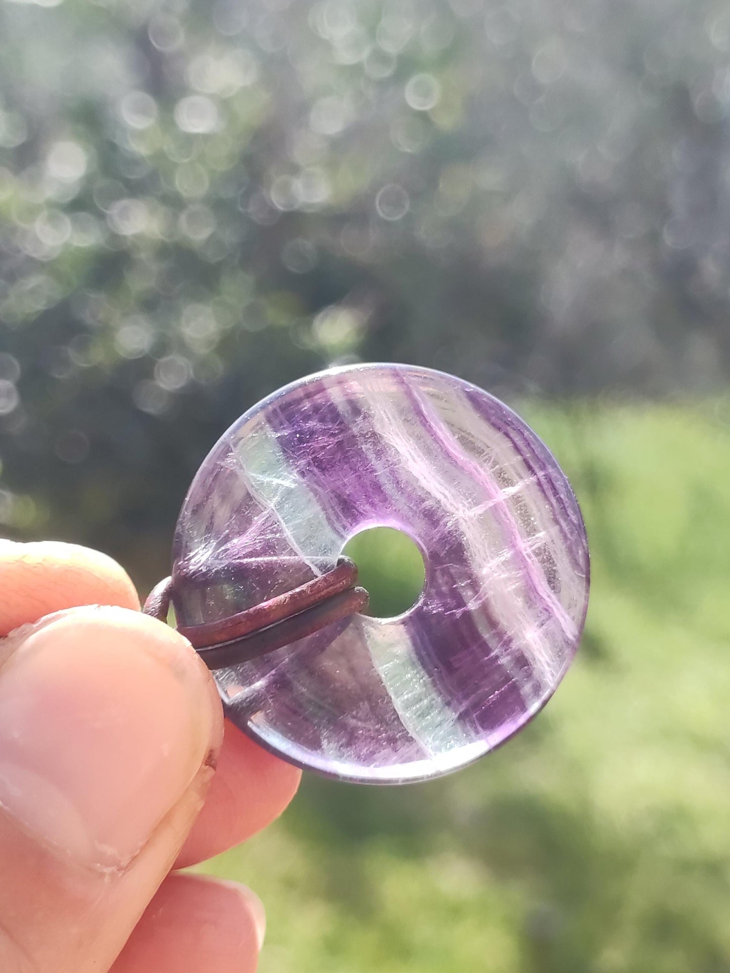 Rainbow Fluorite 30mm Donut - Gemstone Necklace for Women, Men, and Children - Hippie, Goa, Boho, Ethnic, Nature, Protection Symbol Pendant, Healing Stone, Energy Gift