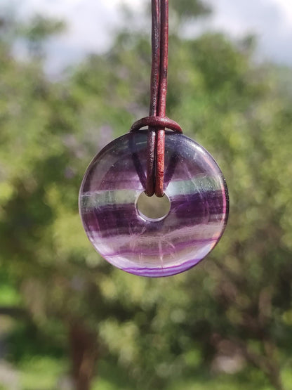 Rainbow Fluorite 30mm Donut - Gemstone Necklace for Women, Men, and Children - Hippie, Goa, Boho, Ethnic, Nature, Protection Symbol Pendant, Healing Stone, Energy Gift