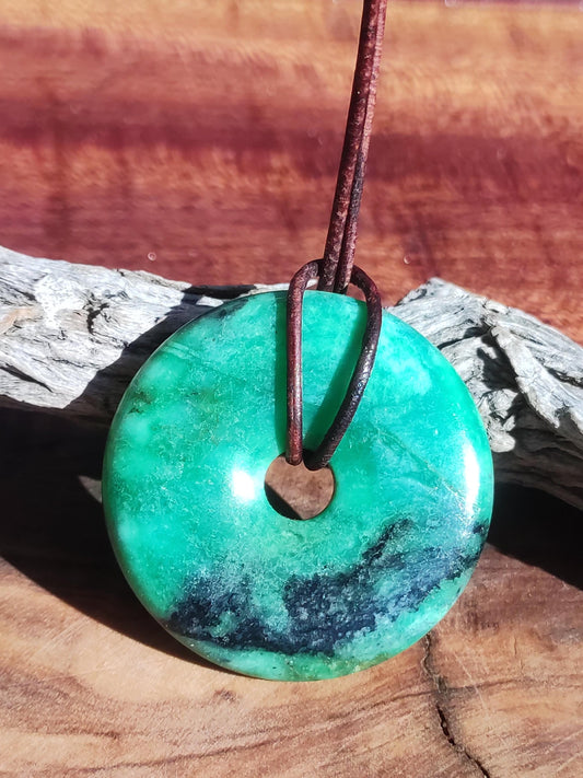 Variscit 40mm Edelstein Kette Donut Pi Scheibe rund Heilstein grün Natur Rarität Geschenk Mann Frau Er Sie Freund Bruder Glück Anhänger