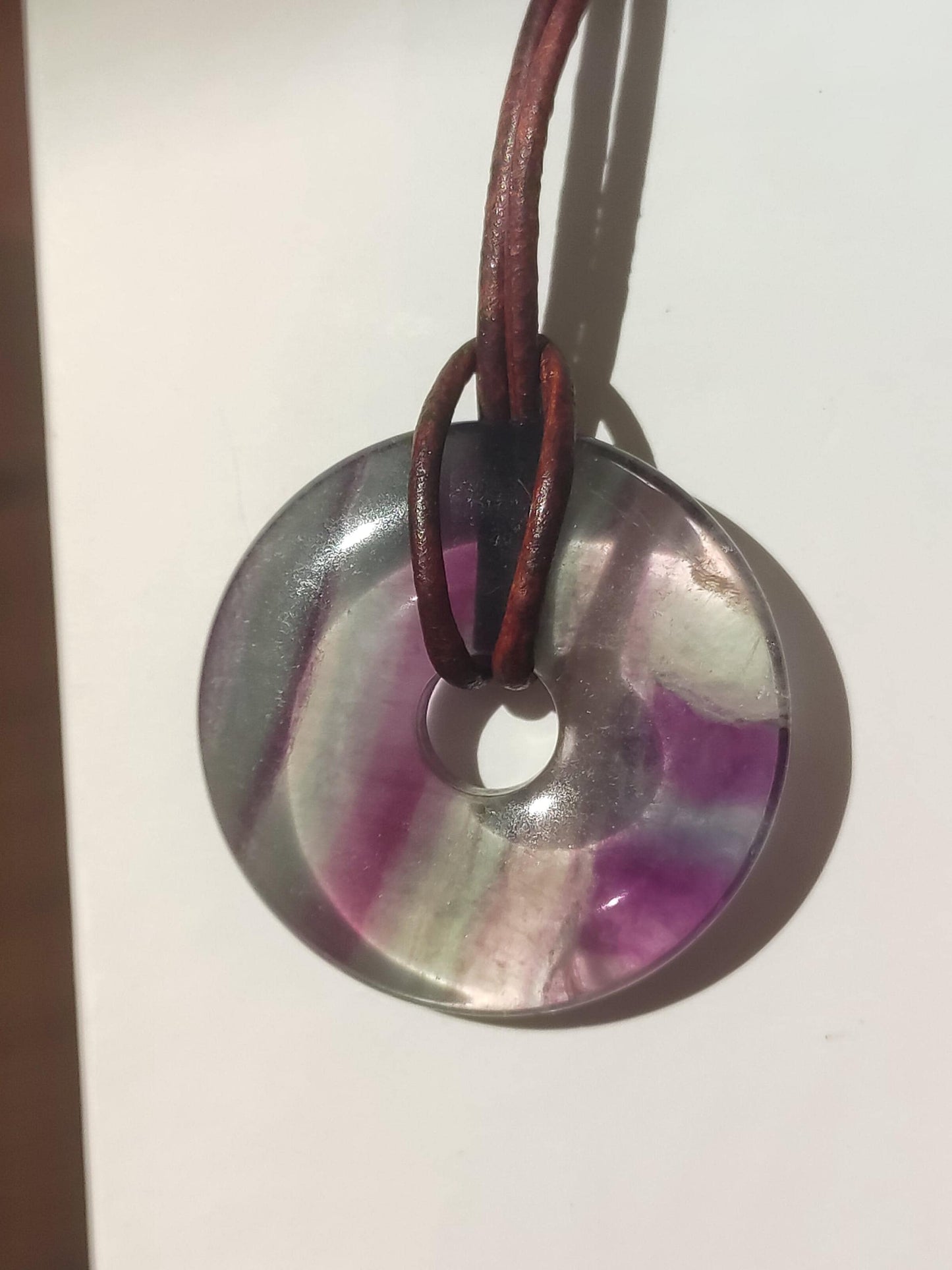 Rainbow Fluorite 30mm Donut - Gemstone Necklace for Women, Men, and Children - Hippie, Goa, Boho, Ethnic, Nature, Protection Symbol Pendant, Healing Stone, Energy Gift