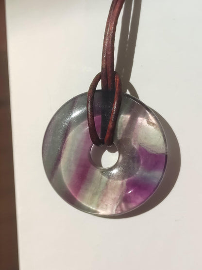 Rainbow Fluorite 30mm Donut - Gemstone Necklace for Women, Men, and Children - Hippie, Goa, Boho, Ethnic, Nature, Protection Symbol Pendant, Healing Stone, Energy Gift