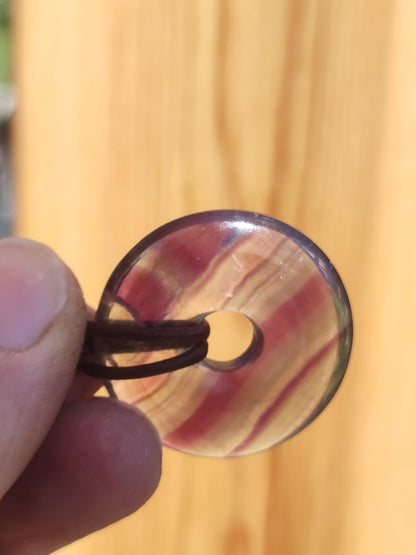 Rainbow Fluorite 30mm Donut - Gemstone Necklace for Women, Men, and Children - Hippie, Goa, Boho, Ethnic, Nature, Protection Symbol Pendant, Healing Stone, Energy Gift