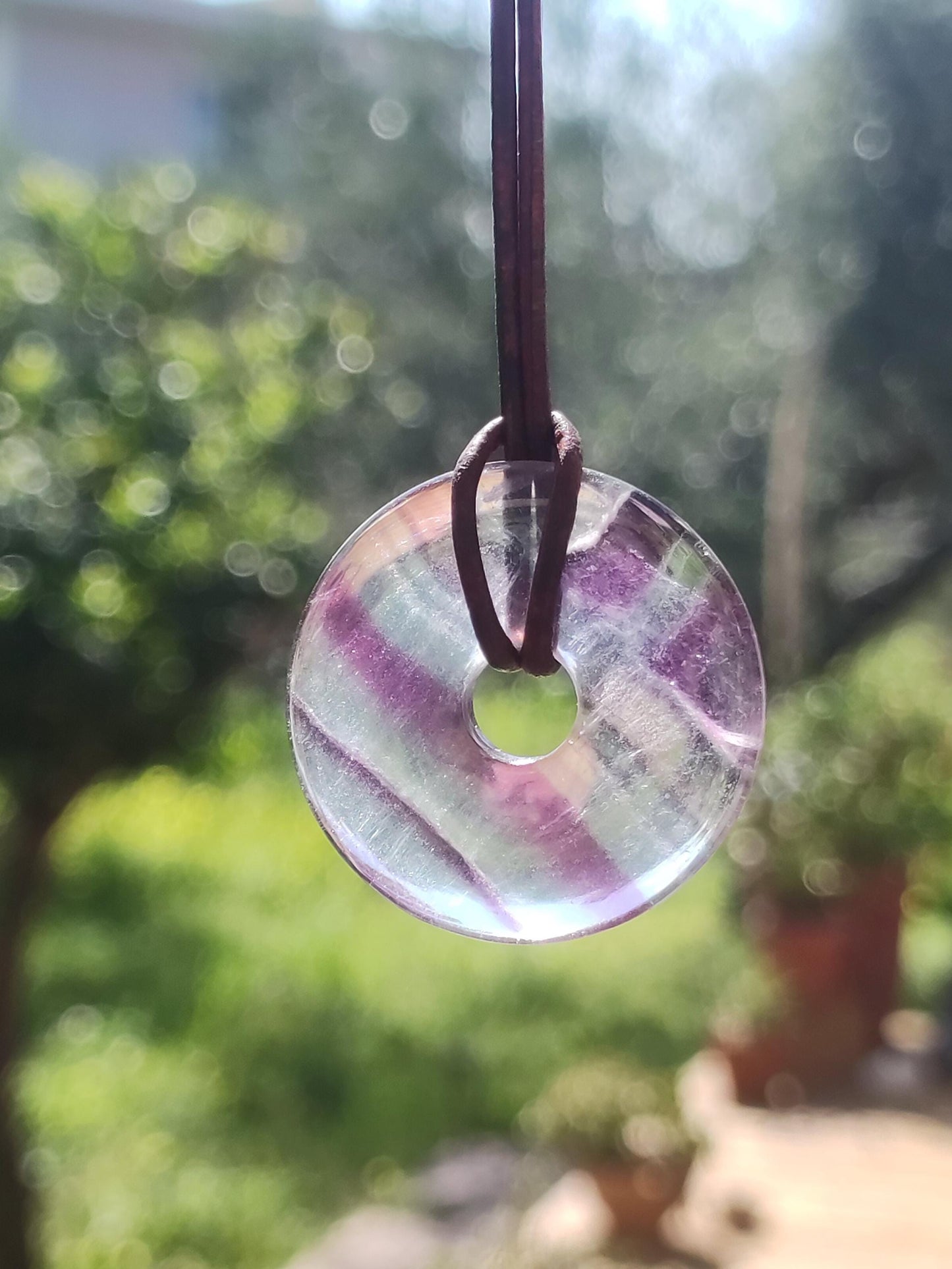 Rainbow Fluorite 30mm Donut - Gemstone Necklace for Women, Men, and Children - Hippie, Goa, Boho, Ethnic, Nature, Protection Symbol Pendant, Healing Stone, Energy Gift