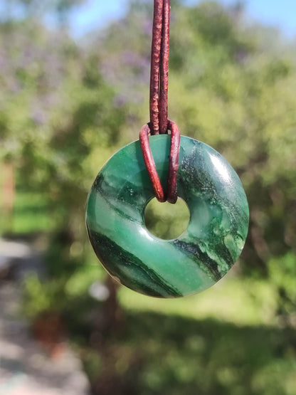Africa Jade 30mm ~ Gemstone Donut Necklace Green Natural Goa HIPPIE Healing Stone Crystals Pendant Man Woman Child Gift He Her Brother Sister