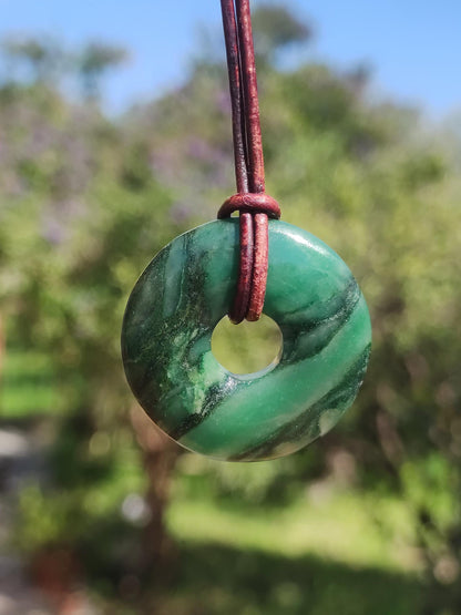 Africa Jade 30mm ~ Gemstone Donut Necklace Green Natural Goa HIPPIE Healing Stone Crystals Pendant Man Woman Child Gift He Her Brother Sister