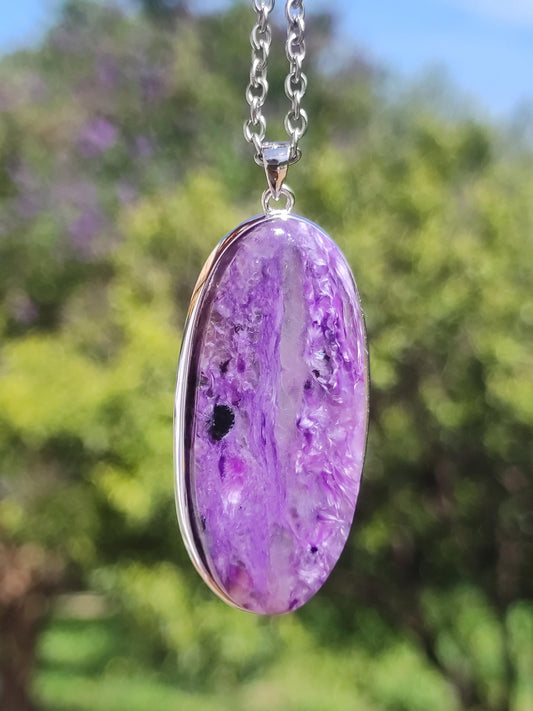 Charoite AAA - 925 Silver Setting Gemstone Necklace Purple Violet Natural Healing Stone Energy Rarity Men Women Him Her Girlfriend Gift Noble Quality