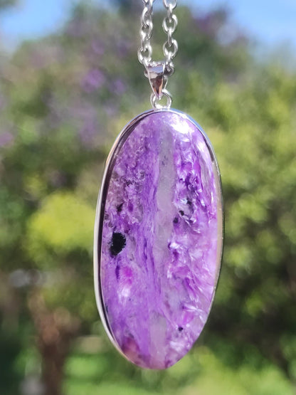 Charoïte AAA - Monture en argent 925 Chaîne pierre précieuse violet lilas Nature Pierre de guérison Énergie Rareté Homme Femme Lui Elle Amie Cadeau Qualité supérieure