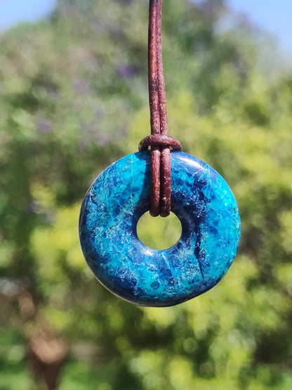 Shattuckite - Chrysocoll Donut 30mm Gemstone Necklace Healing Stone Protection Symbol Man Woman Happiness HIPPIE GOA Boho Tibet Ethnic Natural Rarity Gift