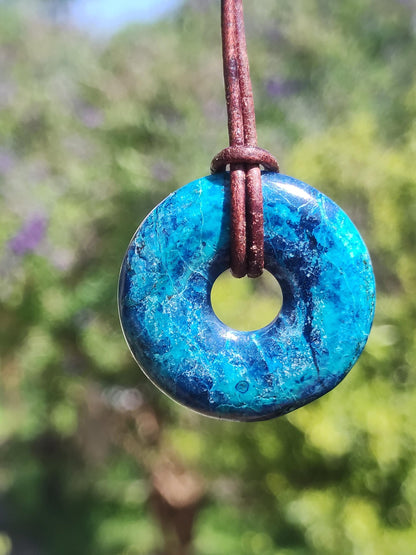 Shattuckite - Chrysocoll Donut 30mm Gemstone Necklace Healing Stone Protection Symbol Man Woman Happiness HIPPIE GOA Boho Tibet Ethnic Natural Rarity Gift