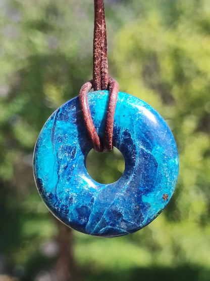 Shattuckite - Chrysocoll Donut 30mm Gemstone Necklace Healing Stone Protection Symbol Man Woman Happiness HIPPIE GOA Boho Tibet Ethnic Natural Rarity Gift