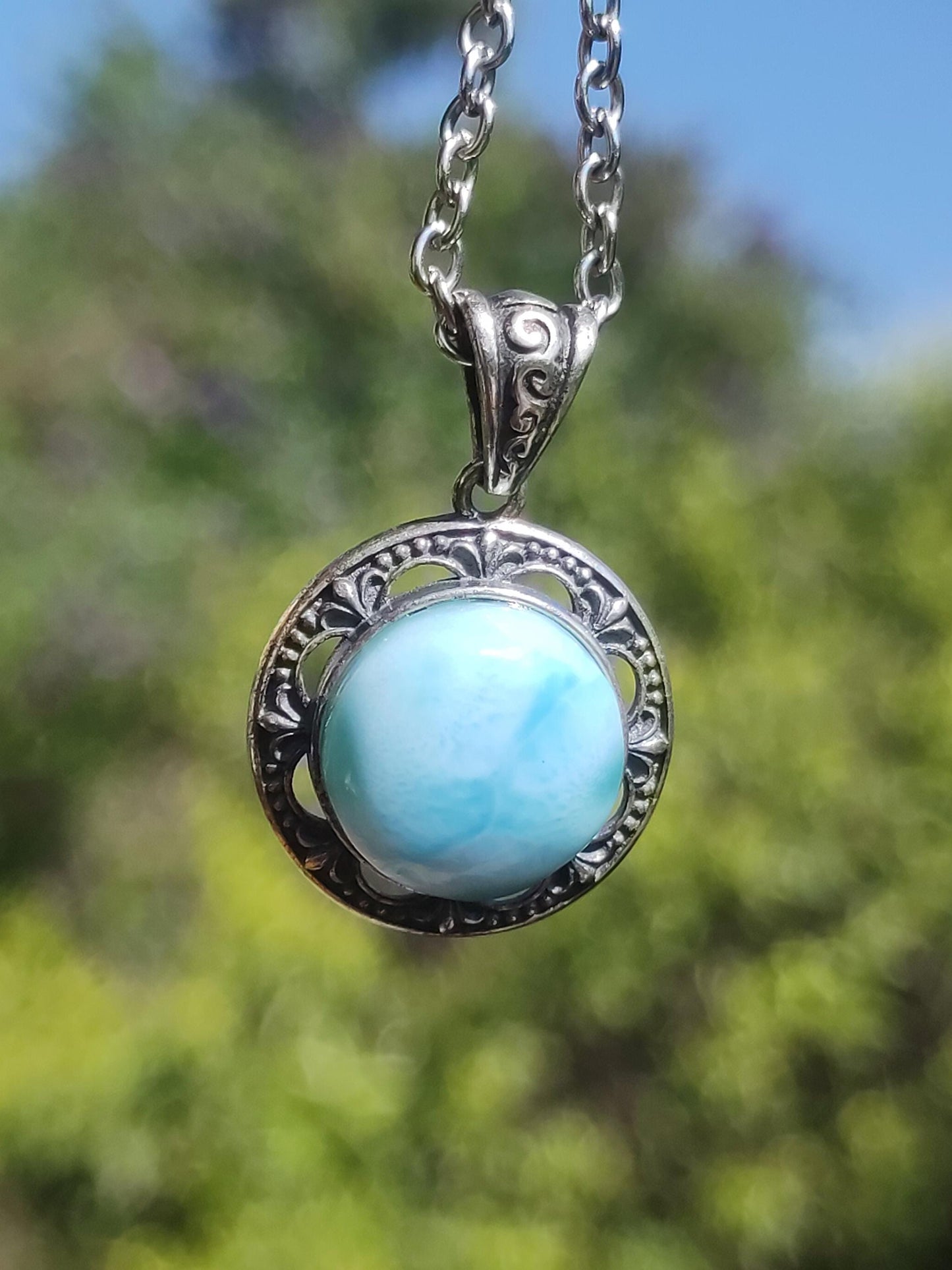Larimar Collier Pierre précieuse vintage Argent 925 Femme Bijoux précieux antique vintage Pierre de guérison Rareté Mer Ciel bleu Cadeau femme amie