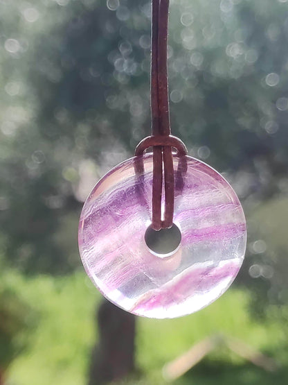 Rainbow Fluorite 30mm Donut - Gemstone Necklace for Women, Men, and Children - Hippie, Goa, Boho, Ethnic, Nature, Protection Symbol Pendant, Healing Stone, Energy Gift
