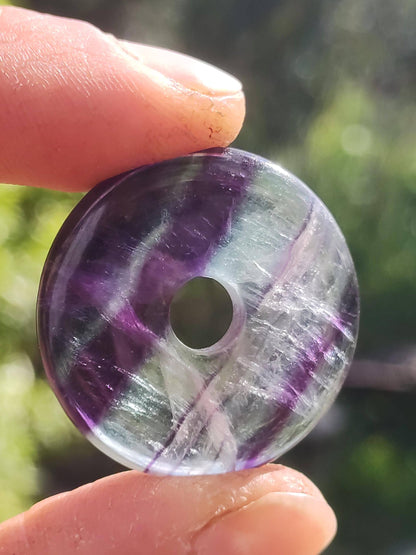 Rainbow Fluorite 30mm Donut - Gemstone Necklace for Women, Men, and Children - Hippie, Goa, Boho, Ethnic, Nature, Protection Symbol Pendant, Healing Stone, Energy Gift
