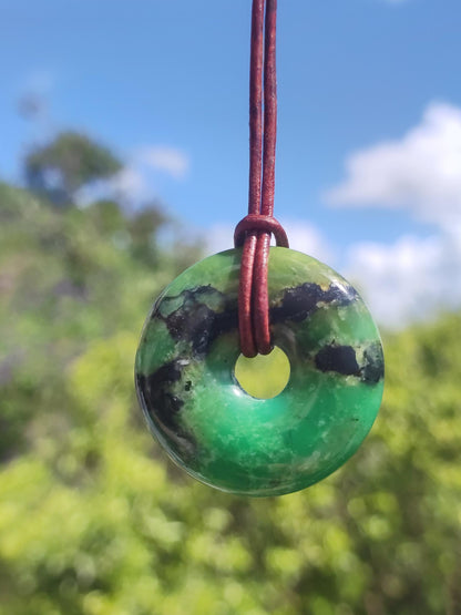 Variscite 30mm gemstone necklace donut pi disc round healing stone green natural rarity gift man woman him her friend brother lucky pendant