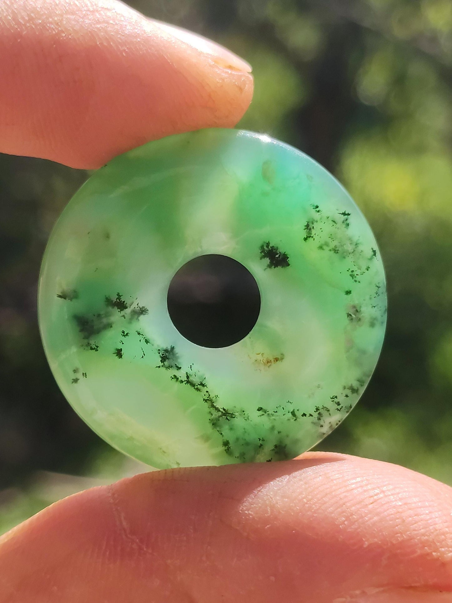 Chrysoprase Gemstone Donut Necklace Green Natural GOA Boho Hippie Ethnic Protection Symbol Healing Stone Collector Unique Man Woman He She Gift Pendant