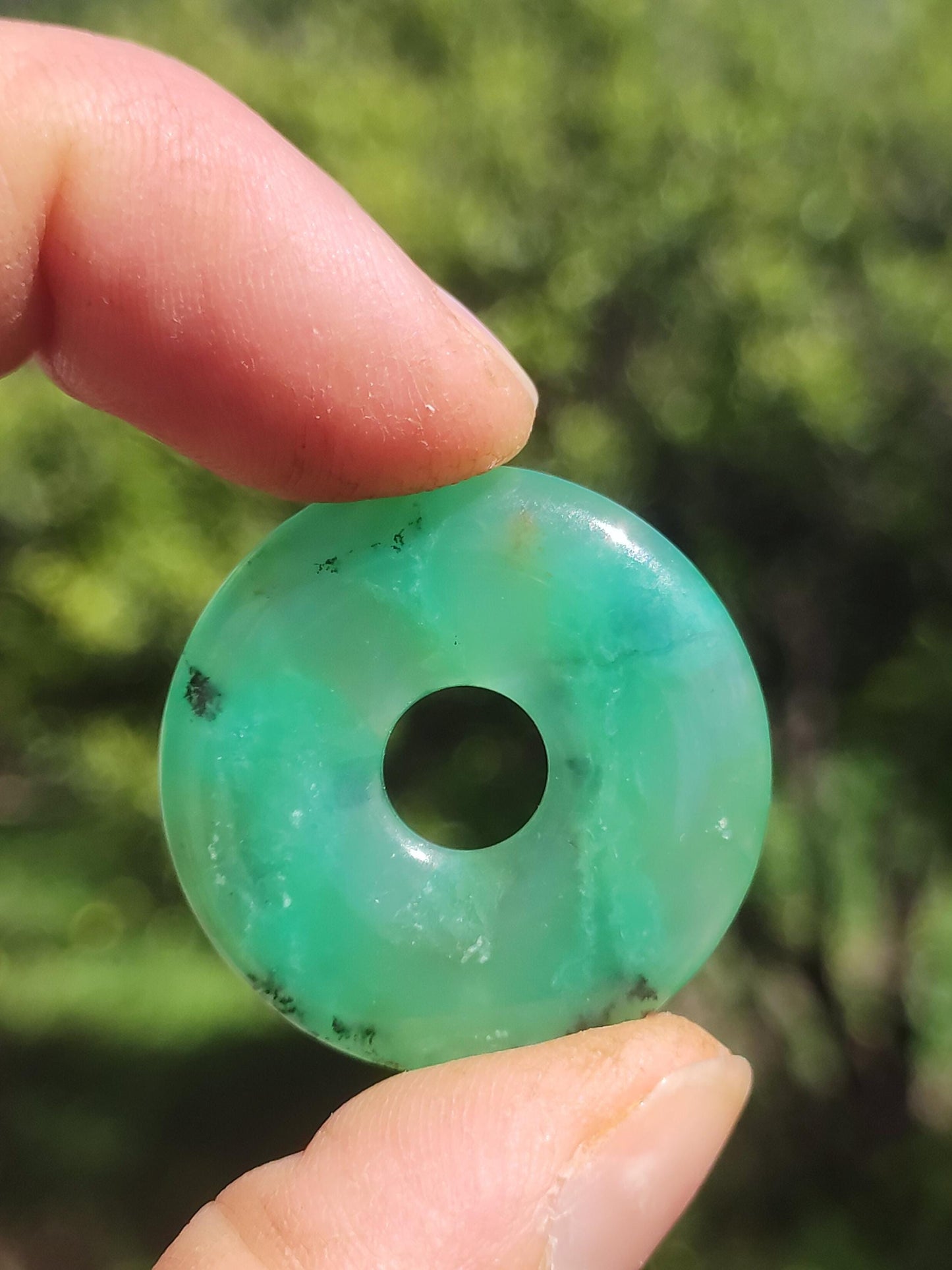 Chrysoprase Gemstone Donut Necklace Green Natural GOA Boho Hippie Ethnic Protection Symbol Healing Stone Collector Unique Man Woman He She Gift Pendant