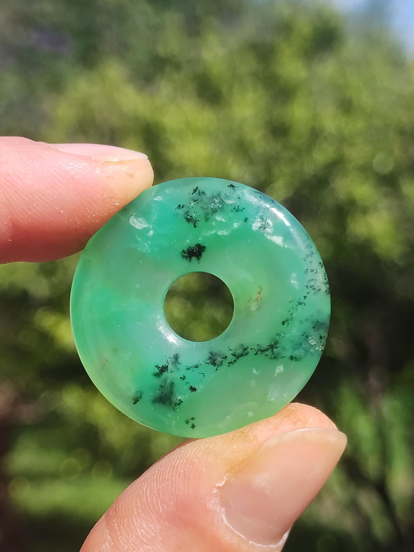 Chrysoprase Gemstone Donut Necklace Green Natural GOA Boho Hippie Ethnic Protection Symbol Healing Stone Collector Unique Man Woman He She Gift Pendant