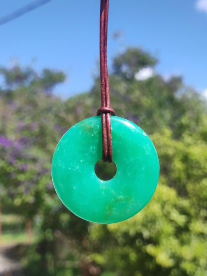 Chrysoprase Gemstone Donut Necklace Green Natural GOA Boho Hippie Ethnic Protection Symbol Healing Stone Collector Unique Man Woman He She Gift Pendant