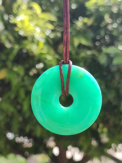 Chrysoprase Gemstone Donut Necklace Green Natural GOA Boho Hippie Ethnic Protection Symbol Healing Stone Collector Unique Man Woman He She Gift Pendant