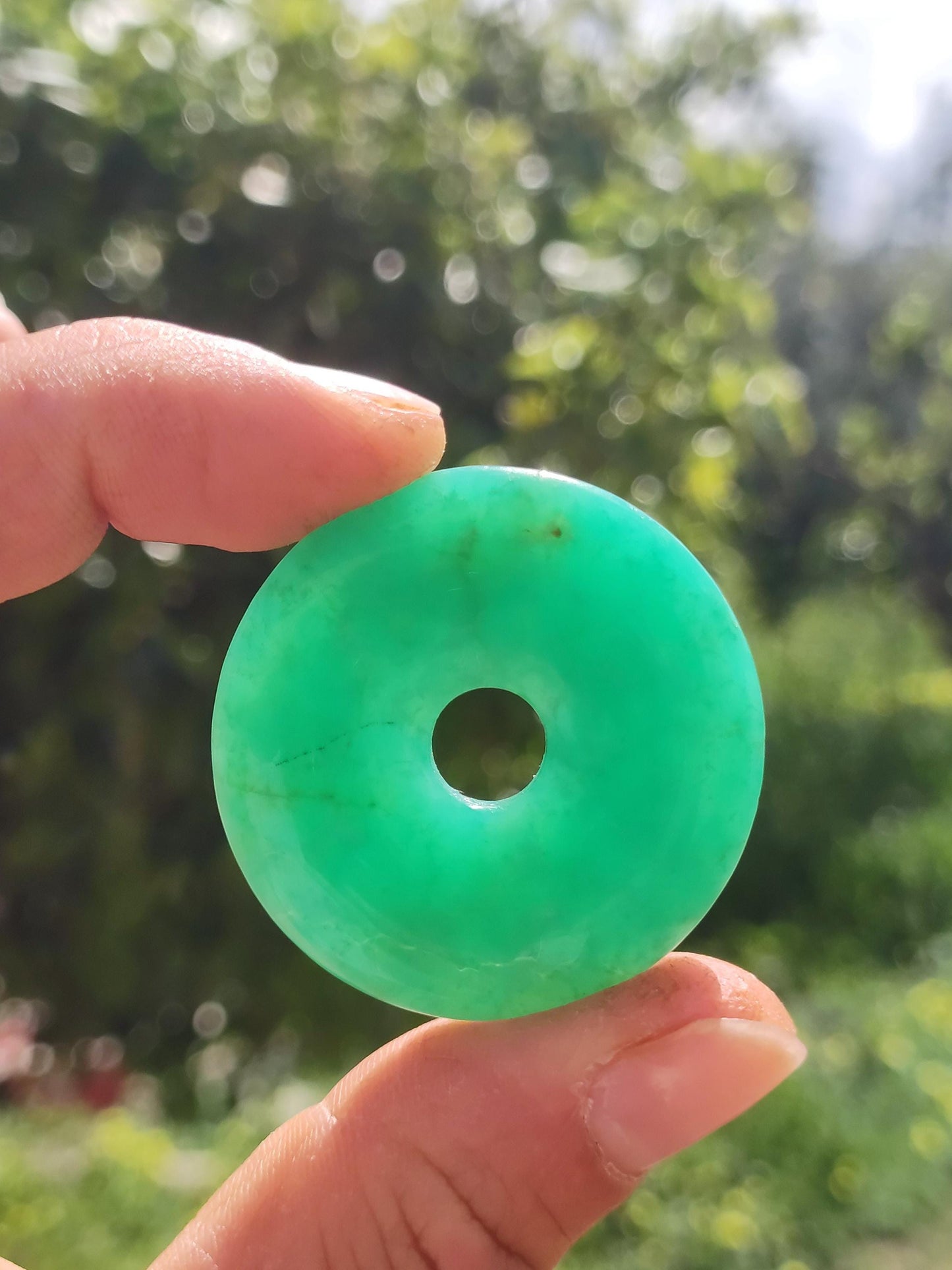 Chrysoprase Gemstone Donut Necklace Green Natural GOA Boho Hippie Ethnic Protection Symbol Healing Stone Collector Unique Man Woman He She Gift Pendant