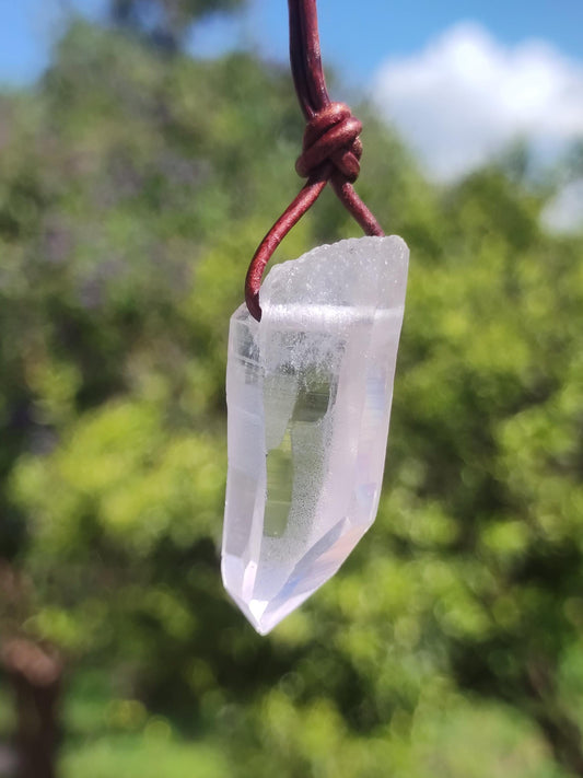 Lemurian Quarz ~ Edelstein Kette klar Hippie Goa Boho Tibet Ethno Natur Heilstein Kraft Anhänger Mann Frau Geschenk Rarität