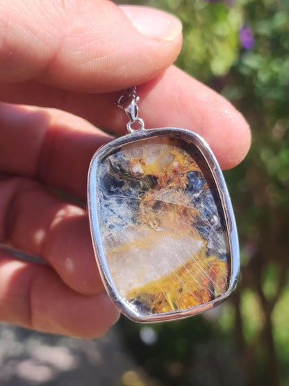 Pietersite or bleu - Collier en argent sterling 925 avec pierre précieuse naturelle de protection, rareté, pierre de guérison, cristal, homme, femme, cadeau scintillant