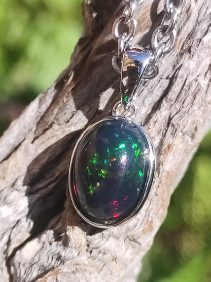 AAA Opale noir éthiopien argent 925 - Collier pierre précieuse coloré rareté pierre naturelle de soin cristaux pendentif homme femme cadeau elle lui pierre précieuse