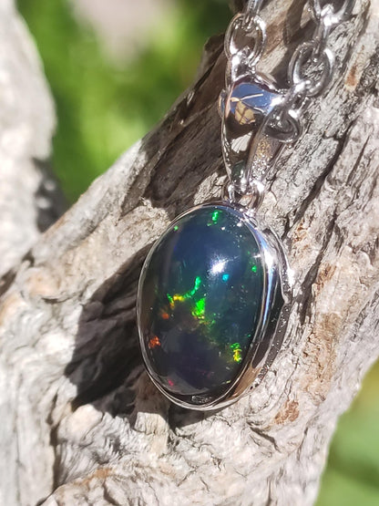 AAA Opale noir éthiopien argent 925 - Collier pierre précieuse coloré rareté pierre naturelle de soin cristaux pendentif homme femme cadeau elle lui pierre précieuse